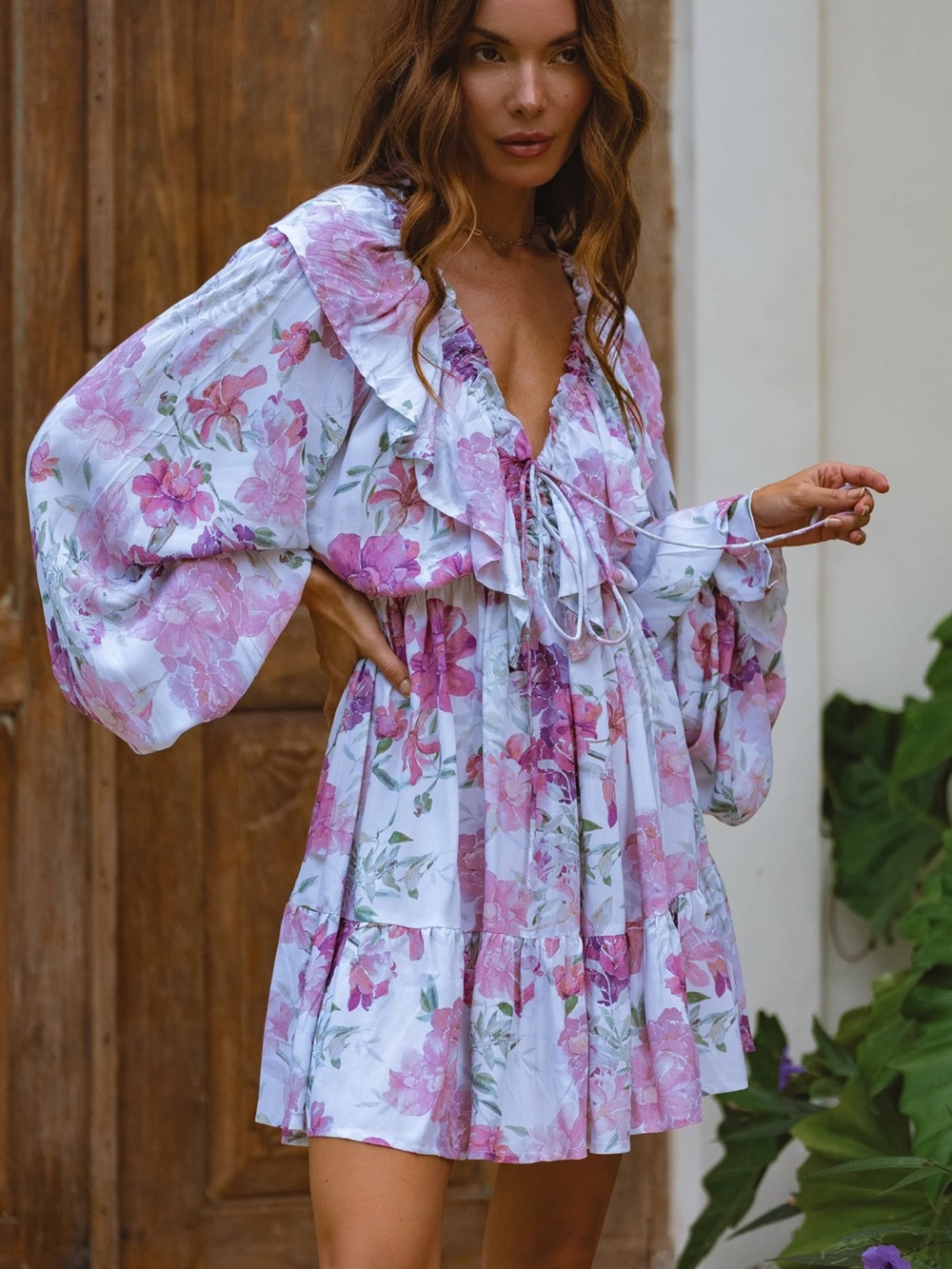NWT BALI ELF Balloon Sleeve Ruffle V Neck Mini Dress Flowy Floral Alice US M - Picture 2 of 16